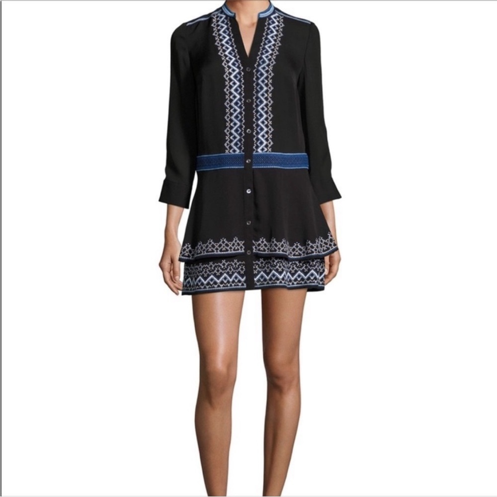 Veronica Beard Black Mini Dress with Blue and White Embroidery